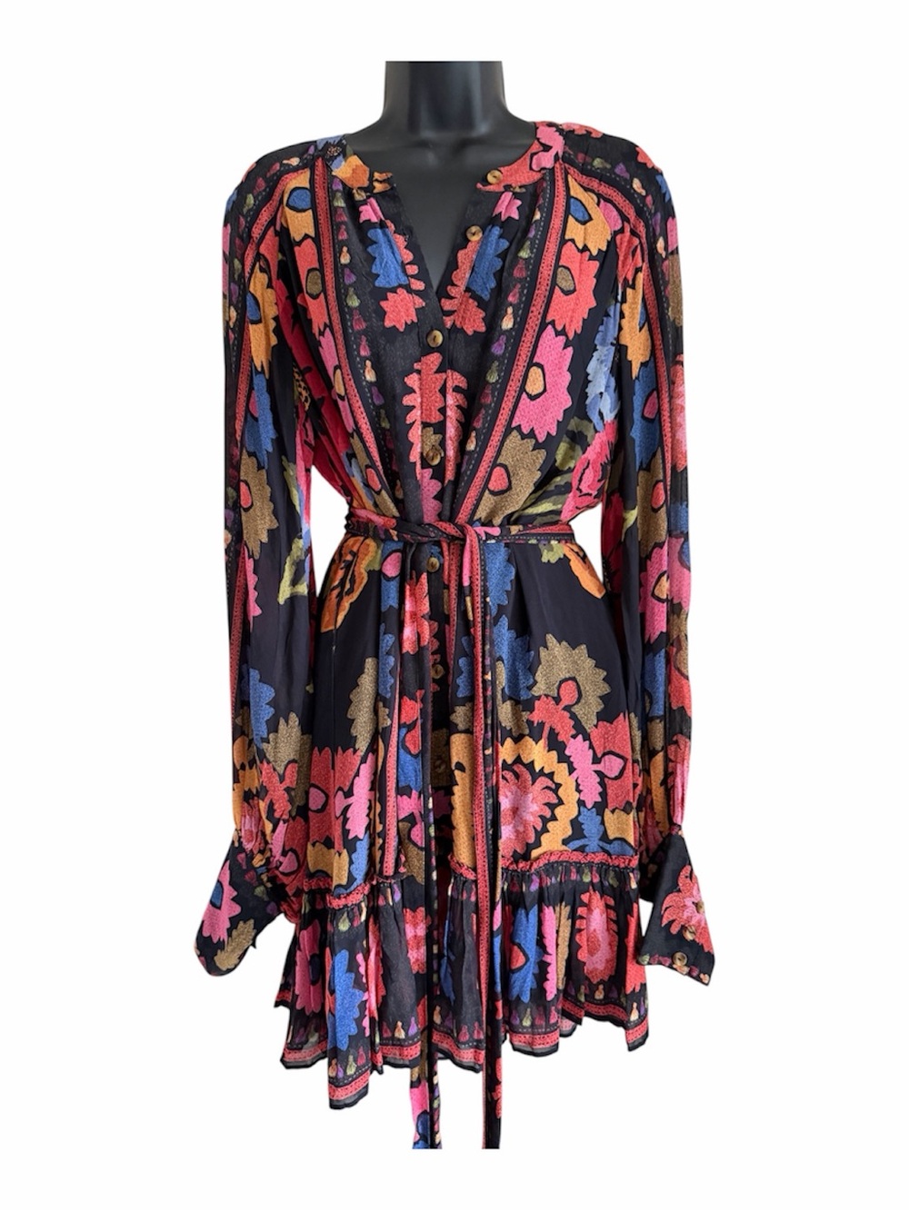 FARM RIO Anthropologie Button Front Flowers Tapestry Belted Shift Dress sz L